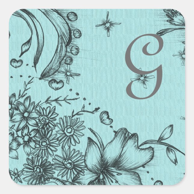 Schwarz-Aqua-Blau-Hochzeit im antiken Stil Quadratischer Aufkleber (Vorderseite)