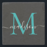 Schwarz-Aquamarin-grüner Monogramm-Feministerienna Steinuntersetzer<br><div class="desc">Eleganter moderner Aquamariner Aqua Green Monogram Feminine Script Name Stone Untersetzer</div>