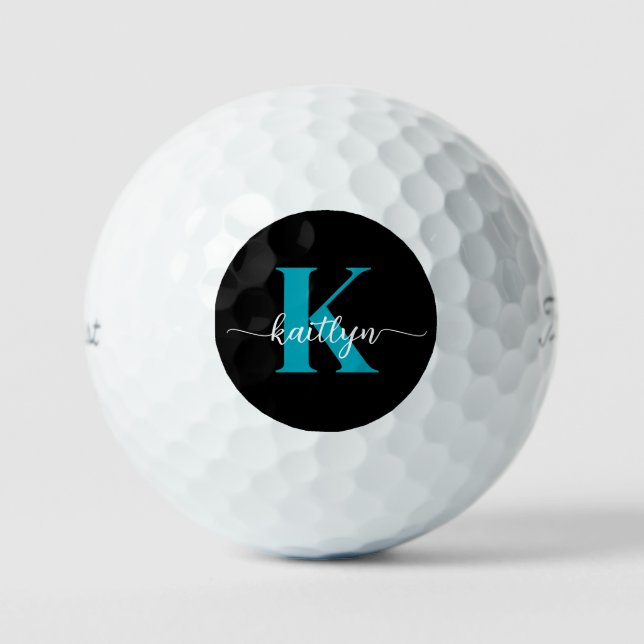 Schwarz-Aquamarin-Monogramm Golfball (Vorderseite)