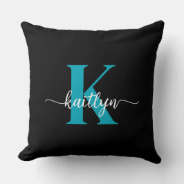 Schwarz-Aquamarin-Monogramm Kissen
