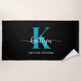 Schwarz-Aquamarin-Monogramm Strandtuch