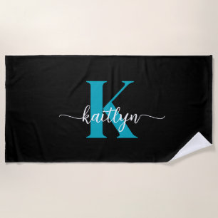 Schwarz-Aquamarin-Monogramm Strandtuch
