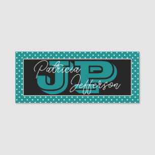 Schwarz-Aquamarin-Polka-Dot-Monogramm: weiß, hands Namensschild