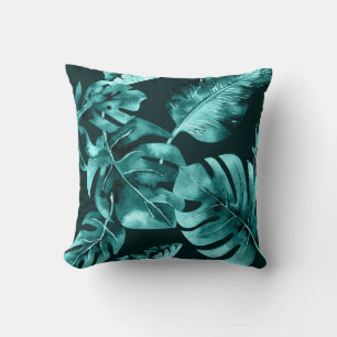 Schwarz & Aquamarin Tropical Palm Blätter Sommerch Kissen