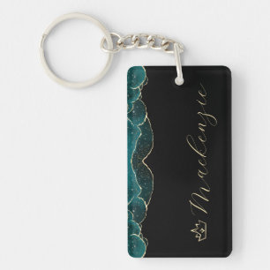 Schwarz, Aquamarin und Gold Elegantes Script Perso Schlüsselanhänger