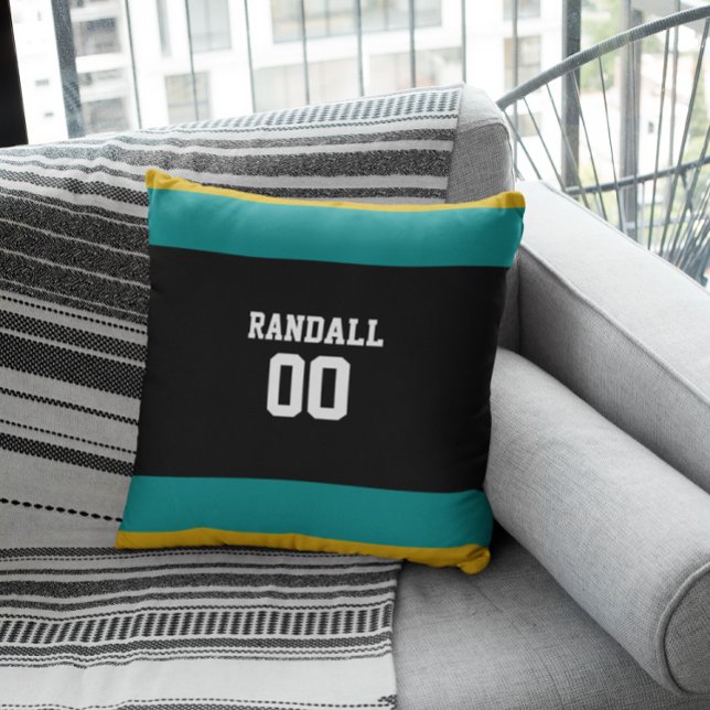 Schwarz-, Aquamarin- und Goldfußballteam Personali Kissen (Von Creator hochgeladen)