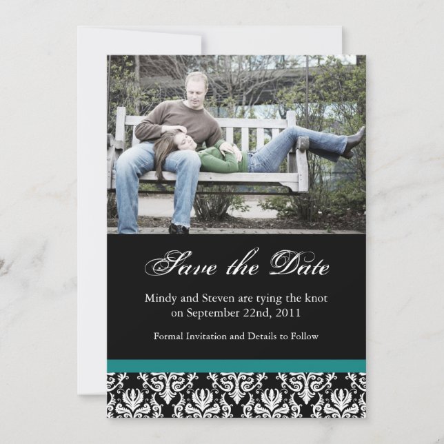 Schwarz, Aquamarin und Weiß speichern Save The Date (Vorderseite)