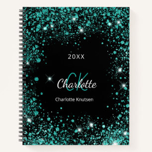 Schwarz aquamariner Glitzer staubgrüne Monogramm-I Notizbuch