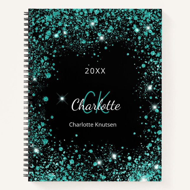 Schwarz aquamariner Glitzer staubgrüne Monogramm-I Notizbuch (Vorderseite)