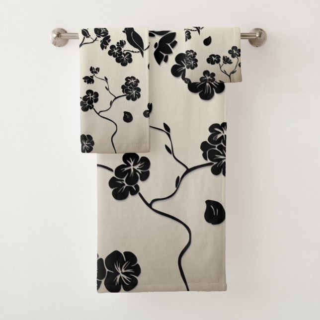 Schwarz auf Bronze Muster Vögel und Kirschblüten Badhandtuch Set (Insitu)