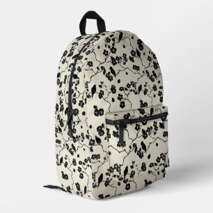 Schwarz auf Bronze Muster Vögel und Kirschblüten Bedruckter Rucksack