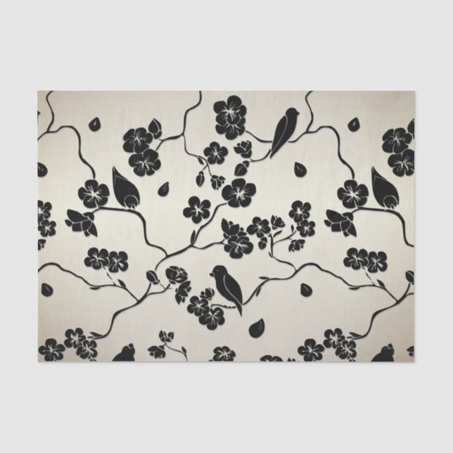 Schwarz auf Bronze Muster Vögel und Kirschblüten Seidenpapier (Vorderseite)