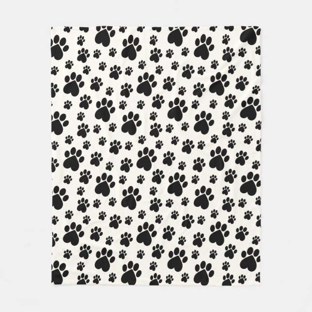 Schwarz auf Off-White Heart Paw Print Fleecedecke (Vorderseite)