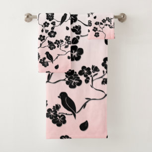 Schwarz auf rosa Muster Vögel und Kirschblüten Badhandtuch Set