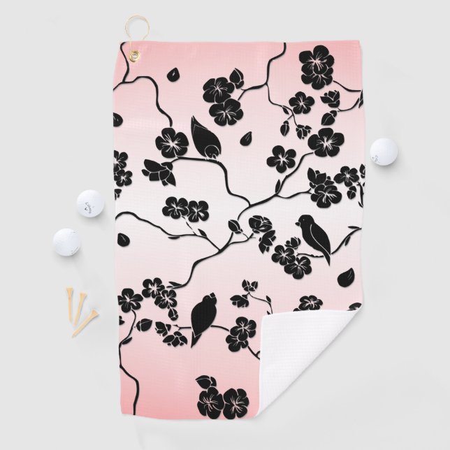 Schwarz auf rosa Muster Vögel und Kirschblüten Golfhandtuch (Insitu)