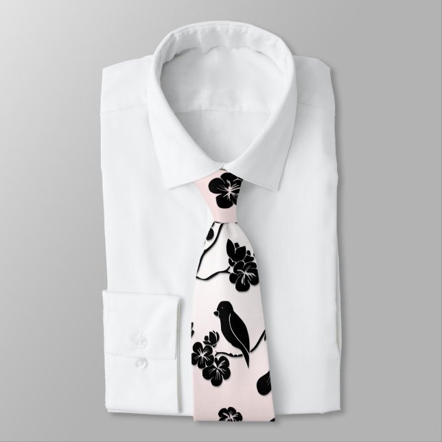 Schwarz auf rosa Muster Vögel und Kirschblüten Krawatte (Gebunden)