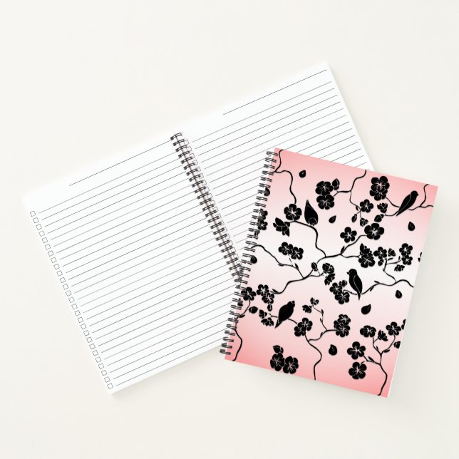 Schwarz auf rosa Muster Vögel und Kirschblüten Notizbuch (Innenseite)
