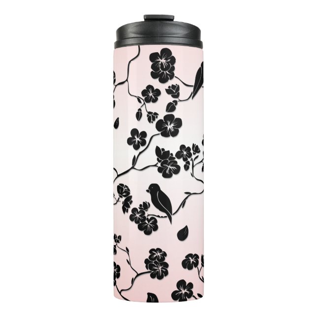 Schwarz auf rosa Muster Vögel und Kirschblüten  Thermosbecher (Vorderseite)