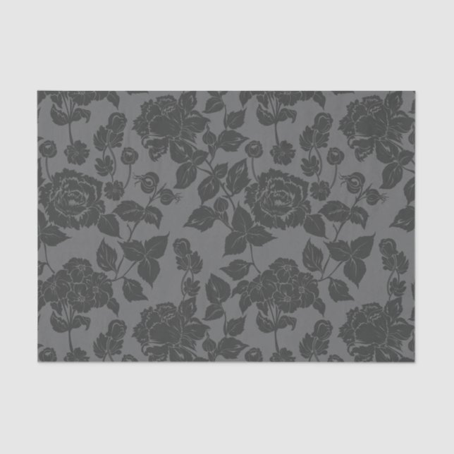Schwarz auf schwarzer Rose Damask Blumenmuster Seidenpapier (Vorderseite)