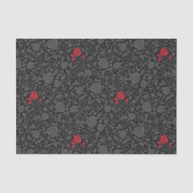 Schwarz auf schwarzer Rote Rose Moderne Damaskalfl Seidenpapier (Vorderseite)