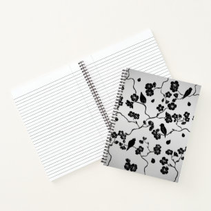 Schwarz auf Silber Muster Vögel und Kirschblüten Notizbuch