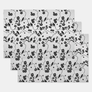 Schwarz auf Silbermustern Vögel und Kirschblüten Geschenkpapier Set