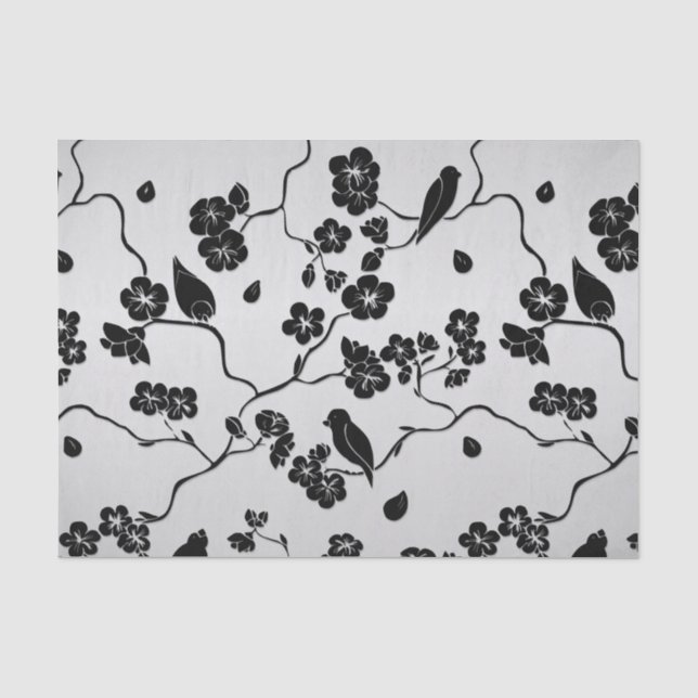 Schwarz auf Silbermustern Vögel und Kirschblüten Seidenpapier (Vorderseite)
