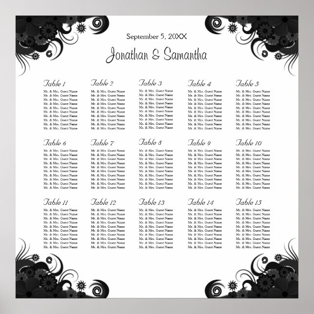 Schwarz auf Weiß Hochzeit 15 Tische Sitzkarten Poster (Vorne)