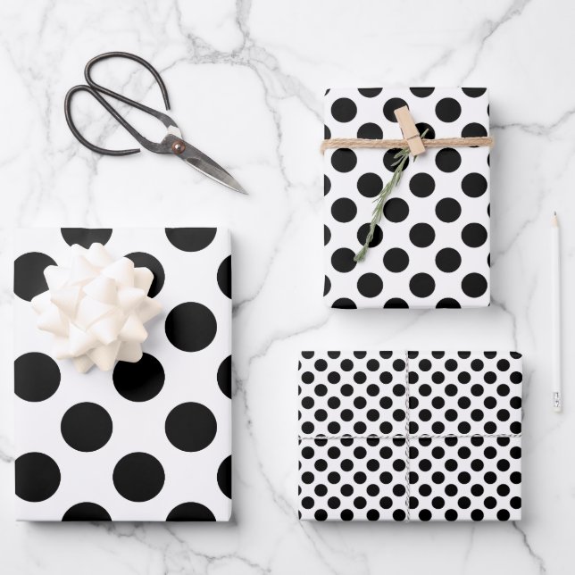 Schwarz auf Weiß verschiedene Größen Polka Punkte Geschenkpapier Set (Vorderseite)