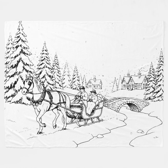 Schwarz auf Weiß, Weihnachtspferd Gezeichnet Schli Fleecedecke (Vorderseite (Horizontal))