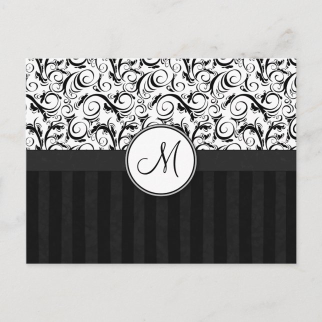Schwarz auf Weiße Florweite, Streifen und Monogram Postkarte (Vorderseite)