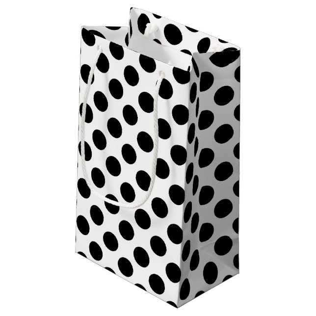Schwarz auf weiße große Polka-Punkte Kleine Geschenktüte (Rückseite Schrägansicht)