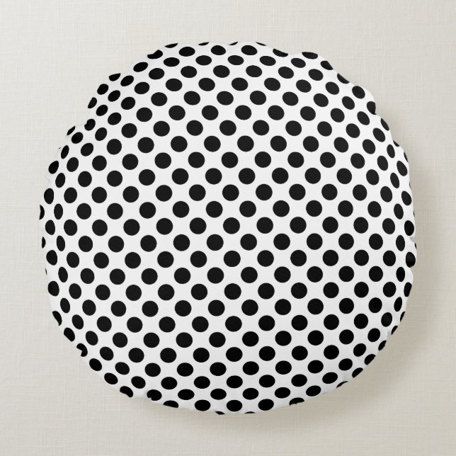 Schwarz auf weißem Medium Polka Dots Rundes Kissen (Vorderseite)