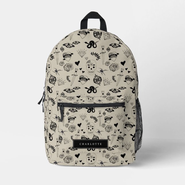 Schwarz & Beige Hand Dragezeichnetes Tattoo-Muster Bedruckter Rucksack (Vorderseite)