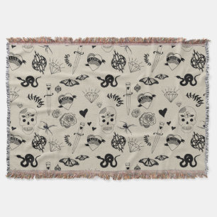 Schwarz & Beige Hand Dragezeichnetes Tattoo-Muster Decke