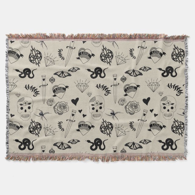 Schwarz & Beige Hand Dragezeichnetes Tattoo-Muster Decke (Vorderseite)