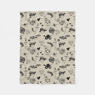 Schwarz & Beige Hand Dragezeichnetes Tattoo-Muster Fleecedecke