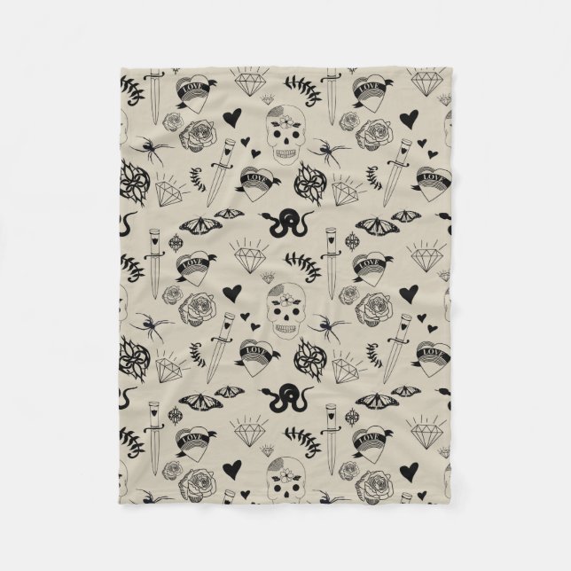 Schwarz & Beige Hand Dragezeichnetes Tattoo-Muster Fleecedecke (Vorderseite)