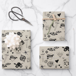 Schwarz & Beige Hand Dragezeichnetes Tattoo-Muster Geschenkpapier Set