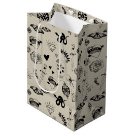 Schwarz & Beige Hand Dragezeichnetes Tattoo-Muster Mittlere Geschenktüte