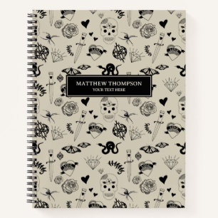 Schwarz & Beige Hand Dragezeichnetes Tattoo-Muster Notizbuch