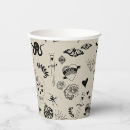 Schwarz & Beige Hand Dragezeichnetes Tattoo-Muster Pappbecher