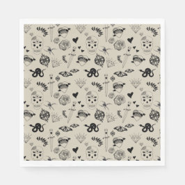 Schwarz & Beige Hand Dragezeichnetes Tattoo-Muster Serviette