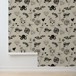 Schwarz & Beige Hand Dragezeichnetes Tattoo-Muster Tapete