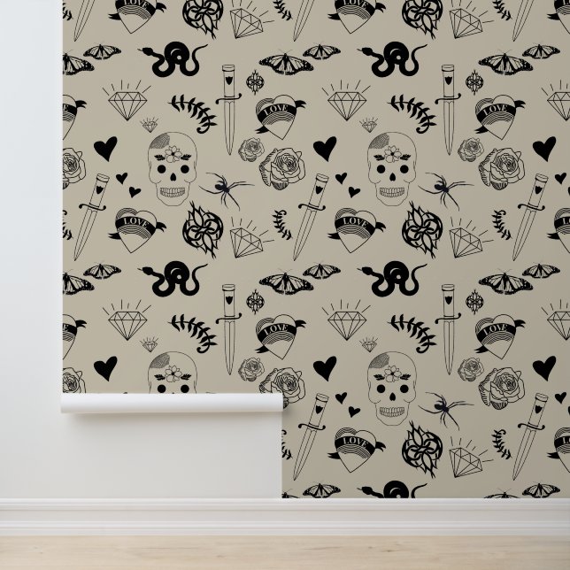 Schwarz & Beige Hand Dragezeichnetes Tattoo-Muster Tapete (Anwendung)