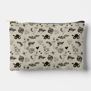 Schwarz & Beige Handgezeichnetes Tattoo-Muster Zubehörtasche