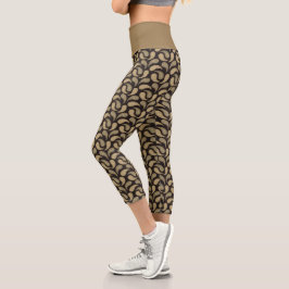 Schwarz-Beige Paisley Pattern Hochgebirgskäfer Capri Leggings