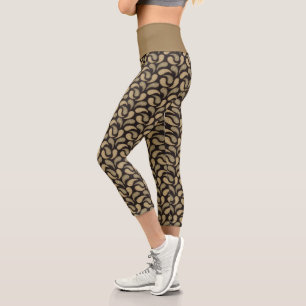 Schwarz-Beige Paisley Pattern Hochgebirgskäfer Capri Leggings