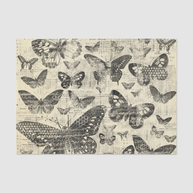 Schwarz-Beige, Schmetterlinge, Vintag, Shabby Chic Seidenpapier (Vorderseite)
