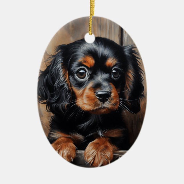 Schwarz-Bein-Cavalier-Welpe Keramik Ornament (Vorne)